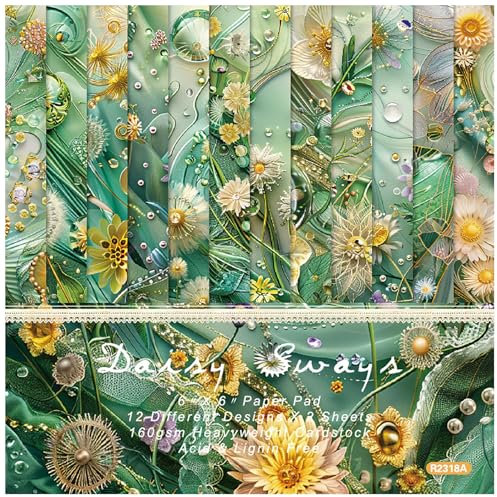 ZAKHSE Motivpapier Valentinstag, 48 Blatt Grün Gänseblümchen Designpapier 15,2×15,2cm, Einseitig Bedruckt Gemustert Scrapbook Papier, 12 Muster, 160gsm Säurefrei Bastelpapier für DIY Sammelalbum