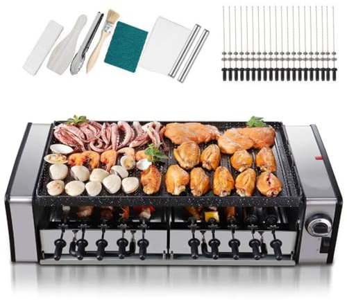 Parrilla De Barbacoa Interior Sin Humo, Sartén Eléctrica De Doble Capa De 1600 W Con 20 Tenedores Para Asar, Rotación Automática, Ajuste De Temperatura De 3 Niveles, Teppanyaki Antiadherente Portátil