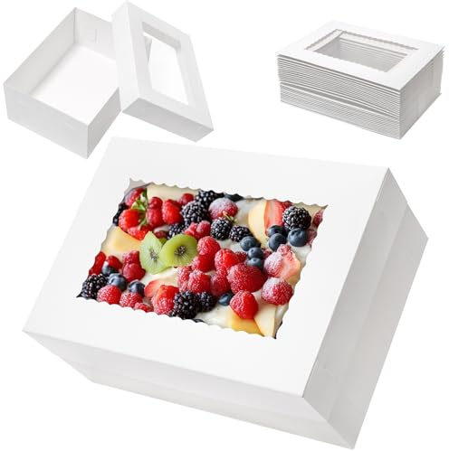 Mefleet 16pcs 14x10x6 Cake Boxes with Window Rectangle Quarter Sheet Bakery Boxes for Pastry Baking Cake, Cupcakes, Donuts, Cookies, Pie Treat Packaging White Large
