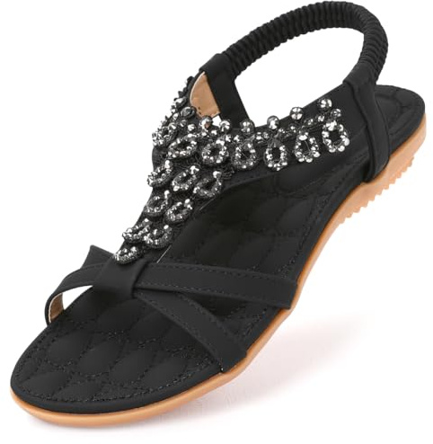 Amissz Women Sandals Flat Shoes Comfort Walking with Non Slip on Casual Summer Beach Sandals Dress Ankle Elastic Open Toe Rhinestone Bohemian Black-1 Size 5