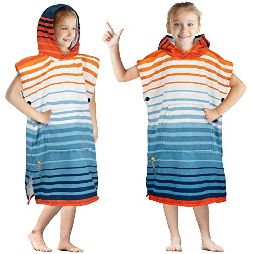 SUN CUBE Kids Changing Robe Surf Poncho, Kids Beach Towels, Hooded Towel for Teens Bath Pool, Microfiber Quick Dry Wearable Towel Poncho with Hood, Swim Towel for Girls 8-12 Years, Orange Stripe