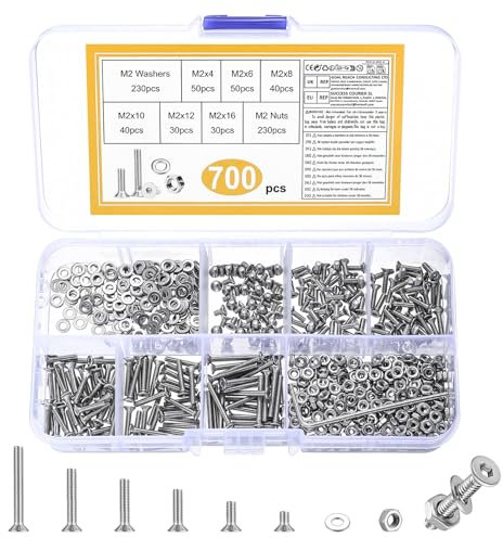 700 Pz M2 Viti Bulloni e Dadi, Set di Viti a Testa Svasata, Bulloni a Testa Piatta con Esagono Incassato, Vite a Testa Esagonale Piatta con Dadi e Rondelle, Vite Esagonali in Acciaio Inossidabile