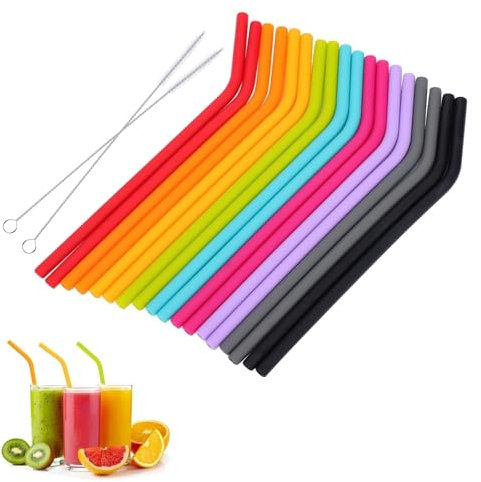 Risipu 18pcs Silicone Straws Colorful Soft Reusable Straws, Food-Grade Curved Straws with Cleaning Brush, Suitable for Children and Adults, Travel, Parties, Picnics.