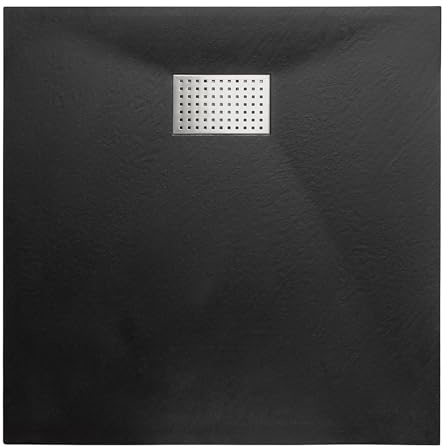 Thermopanel SMC Black Shower Trays Base Slate Stone Effect Textured Non Slip with Stainless Steel Drain Cover - 1200 x 800mm