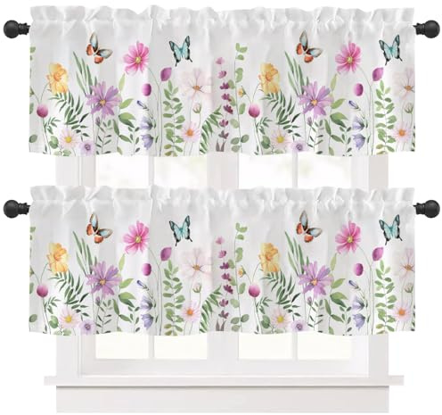 Ausing 2 Stück Florale Kurze Vorhänge für Balkon Küche Schlafzimmer Modernes Haus Dekoration Panel Fenster Vorhang, Rosa