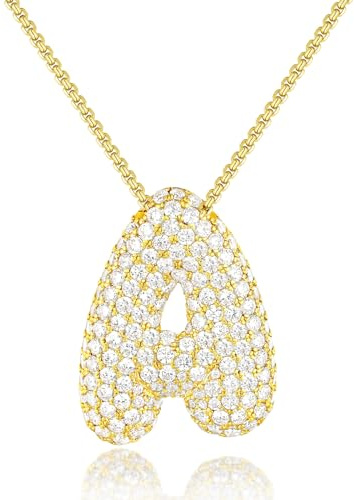 KissYan Bubble Letter Necklace, 14K Gold Plated Balloon Initial Pendant Box Chain Necklace Dainty Pave CZ Jewelry Gift for Women(Gold A)