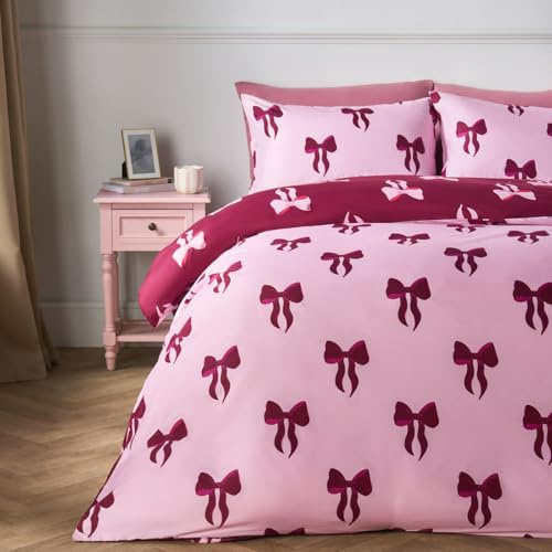 OHS Double Duvet Set Bow Printed, Birthday Gifts for Women Super Soft Microfibre Reversible Duvet Cover Double Luxurious Bedding Set with Pillowcases, Pink/Light Pink