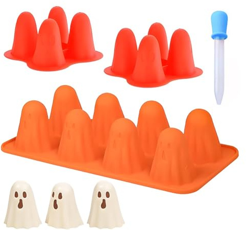 Pralinenform Geist Puddingform Backform Silikonform 3 Stück,Halloween Eiswürfelform Mit Bonus Tropfer,Geist Puddingform Backform Für Schokolade, Süßigkeiten, Eiswürfel