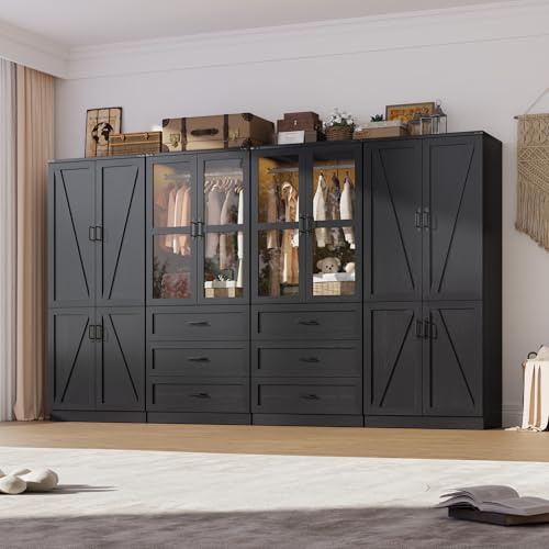 Hlivelood 75 Tall Farmhouse 8 Doors Armoire Wardrobe Closet with 6 Drawers and LED,Freestanding Closet Wardrobe Cabinet for Bedroom with Hanging Rod,Wooden Armoire Storage Cabinet(Black 8 Doors)