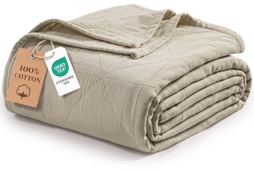 Exclusivo Mezcla 100% Baumwolle Musselin Decke, Atmungsaktive und Leichte Tagesdecke für Sofa und Bett, Weicher Überwurf für Sommer, 130x170 cm Khaki