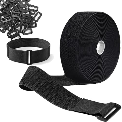 5m Adjustable Cable Straps with 25 Buckles, 2cm Wide Free Cut Length Hook & Loop Cable Straps, Reusable Fastening Cable Ties for Cable Tidy, Nylon Retaining Strap, Cord Organiser(Black)