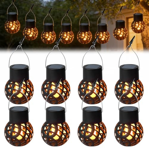 Lampes Solaires Suspendues Extérieur, Lot de 8 Guirlande Lumineuse Solaire Suspendue avec Pinces, Mini Lampes Solaires Extérieur à Flamme Vacillante, LED Extérieure à Suspendre pour Balcon et Fêtes
