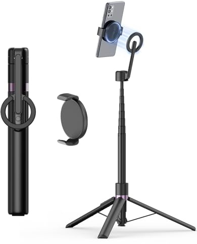 TONEOF 173cm Trípode para Movil Magnetico Palo Selfie, Soporte Magnético de Aluminio, Trípode Viaje Retráctil con Clip Magnético para Teléfono&Anillo Metálico&Control, para Teléfonos-Negro