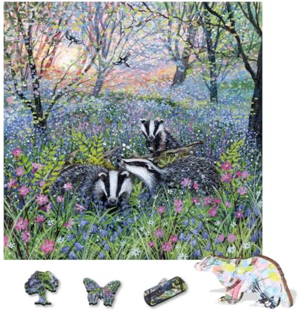 Wentworth Wooden Puzzles Bluebell Badgers - 240 Pcs Adult Jigsaw Puzzle, Themed Irregular Pieces, Lucy Grossmith Design for Animal and Badger Lovers - Sustainably Sourced Wood and British Made