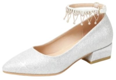 Genérico Zapatos Tacón Ancho Brillantina Mujer Pulsera Tobillo Punta Fina | Zapatos De Tacón Medio Con Brillo Punta Fina Lazo Perlas Lentejuelas Plantilla Acolchada Calzado Elegante Boda