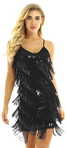 CHICTRY Women's Shiny Sequined Sleeveless 1920s Fringe Tassels Hem Flapper Mini Dress Dancewear Black One Size