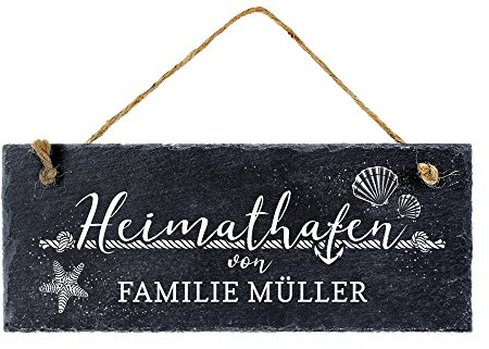 Casa Vivente Schiefertafel mit Gravur - Namensschild für Familien - Heimathafen - Personalisiert mit Namen - Türschild zum Aufhängen - Geschenkidee zum Einzug - Hochzeitsgeschenke für Brautpaare