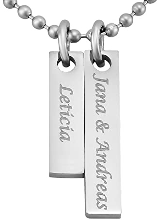 Hanessa Personalisierte Kette mit Gravur Edelstahl 50 cm mit Anhänger Rechteck 2 Gravurplatten in silber - Personalisierte Halskette für Männer und Frauen - Personalisierter Schmuck Damen Herren
