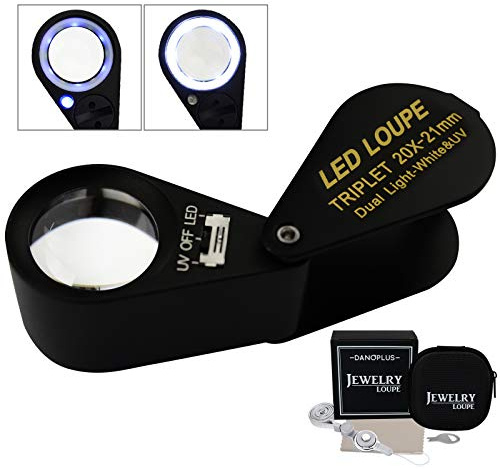 20x Magnifier Jewelry Loupe LED UV 21mm Triplet Lens Optical Glass, Pocket Gem Magnifying Tool Jeweler, Stamp Philatelist, Coin Numismatic
