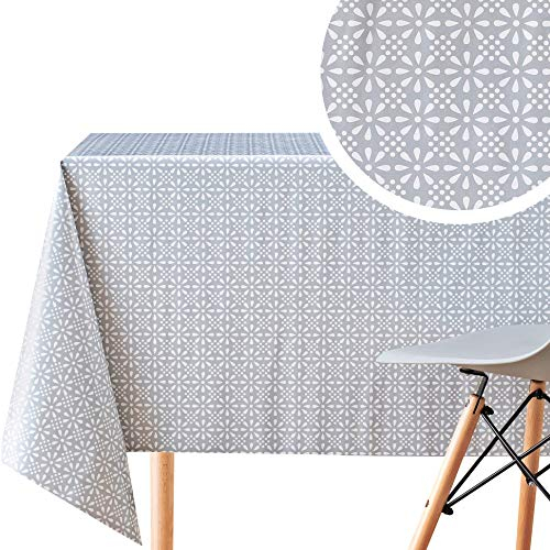 KP HOME Waterproof Table Cloth Wipe Clean - Rectangle Oilcloth 98 X 55 in | 250 X 140 cm - Retro Floral Print Oilcloth Tablecloth - Plastic Wipeable Kitchen PVC Table Cover in Grey