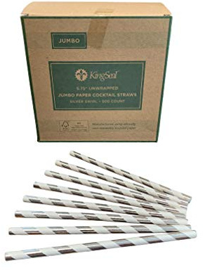 500 Count | Kingseal FSC Certified Paper Cocktail Straws, Unwrapped, 6mm x 5.75 Inches, Silver Stripe, Biodegradable, Earth Friendly, Bulk Pack - 1 Box of 500 Straws