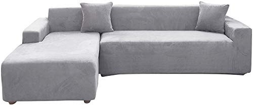ele ELEOPTION Sofa Überwürfe elastische Stretch Sofa Bezug 2er Set 3 Sitzer für L Form Sofa inkl. 2 Stücke Kissenbezug (Silber Grau)