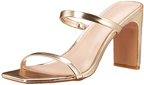 The Drop Avery Sandalia de tacón alto con dos correas y puntera cuadrada para Mujer, Dorado, 38.5 EU