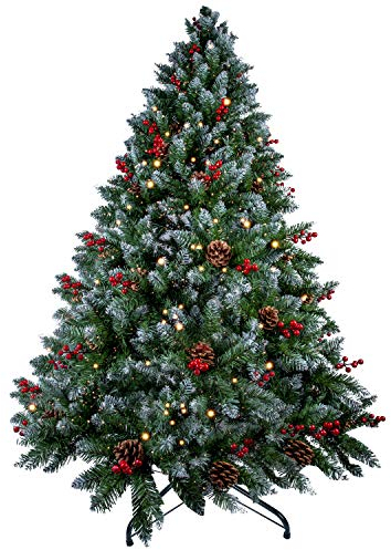 Himaly Sapin de Noël Artificiel avec 500 LED, 900 Branches, 61 Vraies Pommes de Pin, 61 Fruits Rouges et Un Support en Métal Robuste, Hauteur 210 cm