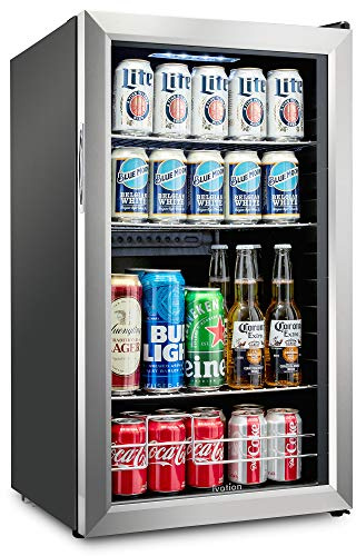 Ivation 126 Can Beverage Refrigerator | Freestanding Ultra Cool Mini Drink Fridge | Beer, Cocktails, Soda, Juice Cooler for Home & Office | Reversible Glass Door & Adjustable Shelving, Stainless Steel