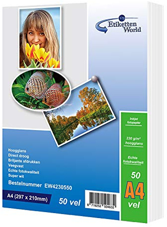 EtikettenWorld Photo Paper, A4, Glossy, 230 GSM, 50 Sheets, Recyclable
