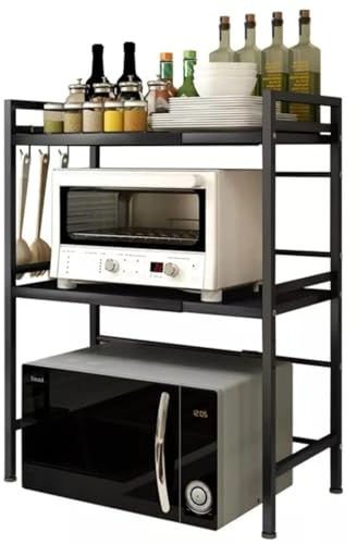 Luchs – Mikrowellen Ständer/Regal, Mikrowellenhalterung, Mikrowellenständer, Mikrowellen Ständer/Organizer mit 3 Haken, Microwave Holder/Rake grössenverstellbar (Schwarz, Gora 3 Ebenen)