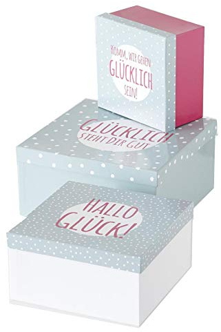 CasaJame Geschenkbox Set, Kartonage Box 3er Set, blau & pink mit Schriftzug 'Hallo Glück', 20-30 cm, ideal als Geschenkverpackung, bunt