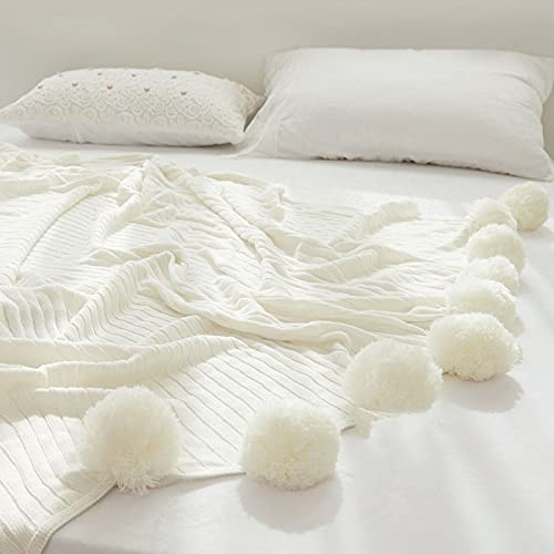 Zoomlie Flauschige Plüsch-Strickdecke mit Pompon-Fransen, 100% Baumwolle, weich, gemütlich, warm, hypoallergen, gestreifte Decke für Sofas, Bett, Sofa, Couch (Beige, 150 x 200 cm)
