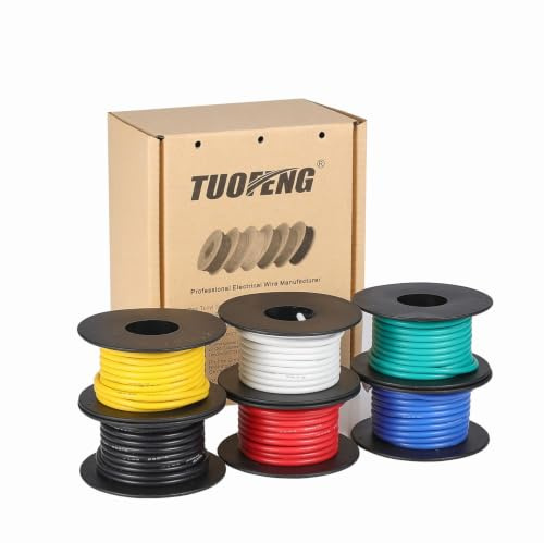 TUOFENG 14awg Draht Flexibler Silikondraht, 2.0mm² verzinnte Kupferdrähte Silikondraht Isoliert (6 verschiedene farbige 4m Each)(OD:3.5 mm) 600V Litzendraht Automotive Verdrahtung