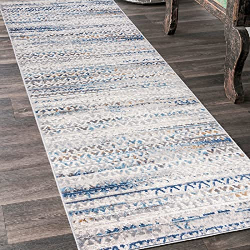 Mazovia Teppich Läufer Flur - Modern Teppichläufer – Kurzflor, Weich - für Vorzimmer Eingangsbereich Schlafzimmer Küche Korridor - Abstrakt Muster - 80 cm Breite Grau Blau 80 x 625 cm