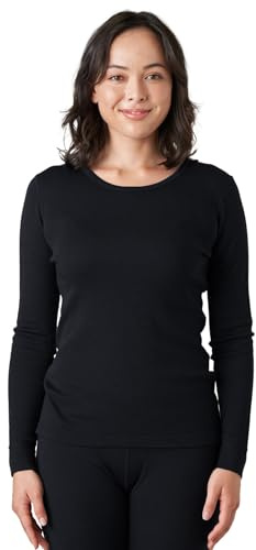 LAPASA Damen 100% Merinowolle Thermo Unterhemd, Premium Merino Wolle Thermounterwäsche, warmes Rundhals Langarmshirt Langarmpullover (L48), Schwarz, XS
