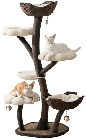 Catry Árbol de gato - Flor - Torre de gato todo en uno con poste rascador para gatos, hamaca para gatos, cestas de papel tejidas a mano y juguete de burlas
