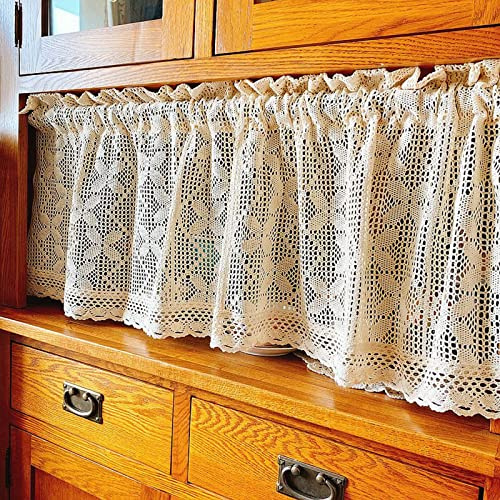 A.Monamour Gardine Scheibengardinen Kurzstores Bauernhaus Beige Baumwolle Häkeln Schmetterling Hohl Gestrickt Spitze Vorhang Kurzgardinen Küchenvorhang Küche Vorhang Fenster Kurz Stores Bistrogardine