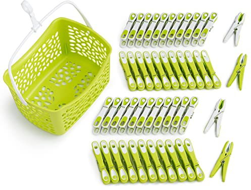 culiclean Wäscheklammern stabil ohne Abdruck Ecoline mit Wäscheklammernkorb 48 Stück grün weiß/weiß grün Korb grün Henkel weiß