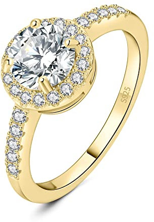 JewelryPalace Klassisch Rundschliff 1ct Moissanite Halo Promise Ring Damen, Schmuck Set, Verlobungsring Damenring Silber 925 mit Stein für Frauen, Simulierte Diamant Jubiläum Eheringe Vergoldet 54