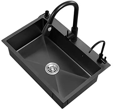Edelstahlspüle, Küchenspüle, schwarzes Nano-Waschbecken, Einzelwaschbecken für den Haushalt, großes Spülbecken, Arbeitsplatte aus Stahl, 304, Einzelbecken, quadratisch, 75 x 45 cm