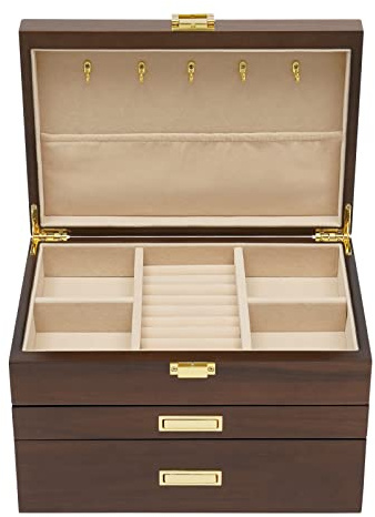Schmuckkasten 3 Ebenen Schmuckkästchen Retro Schmuckaufbewahrung Groß Schmuckbox Schmuckvitrine für Ringe Ohrringe Armbänder und Halsketten (Schwarznuss)