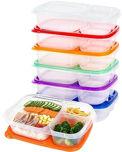 Lot de 7 récipients alimentaires à 3 compartiments en plastique sans BPA réutilisables avec couvercles hermétiques - 800 ml - Empilables - Passent au micro-ondes, au congélateur et au lave-vaisselle