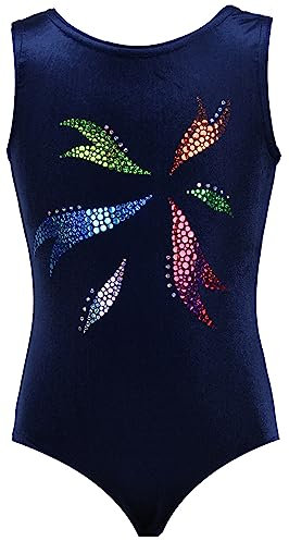 GymStern Samt Velvet Kurzarm Turnbody FLORA, Größe:164, Farbe:Dunkelblau/Bunt