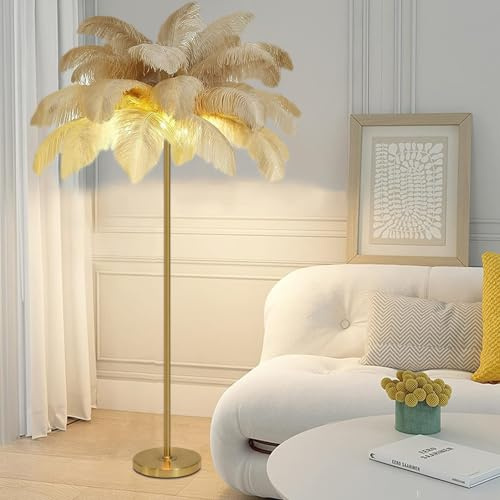 Lámpara de pie de plumas, lámpara de pie de plumas de avestruz natural, lámpara de decoración simple para dormitorio y sala de estar, cuerpo de lámpara dorado, regulable en 3 colores con bombilla