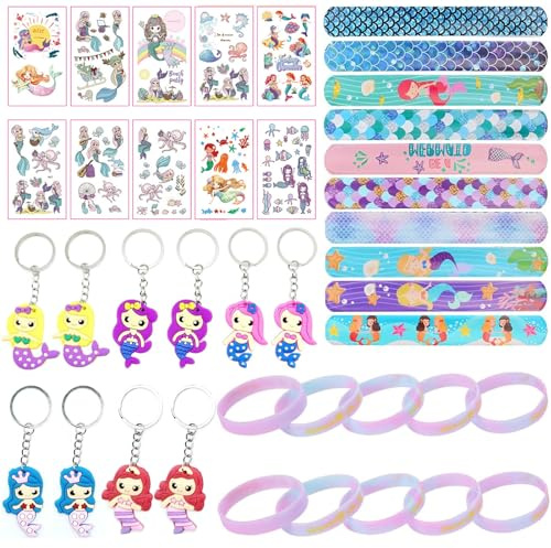 Meerjungfrau Geburtstag Deko, Give Aways Kindergeburtstag, Gastgeschenk Kindergeburtstag, Kindergeburtstag Deko, Enthält 10 Mermaid Tattoos, 10 Mermaid Schnapparmband, 10 Armband, 10 Schlüsselanhänger