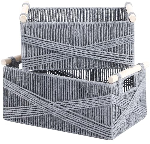 OUTBROS Aufbewahrungskorb Geflochten, Körbchen mit Griff, Dekorative Arbeitsplatte Toilettentank Regal Schrank Organizer für Schlafzimmer Wohnzimmer, Grau,2er Set,Große Größe