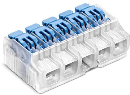 SIMET Verbindungs-Klemmen mit Hebel für Draht (0,2...4 mm²), 5 - Leiter, Packung mit 30 Stück, Farbe transparent/blau, Schnellverschluss zum Öffnen, zum Verbinden von elektrischen Leitern