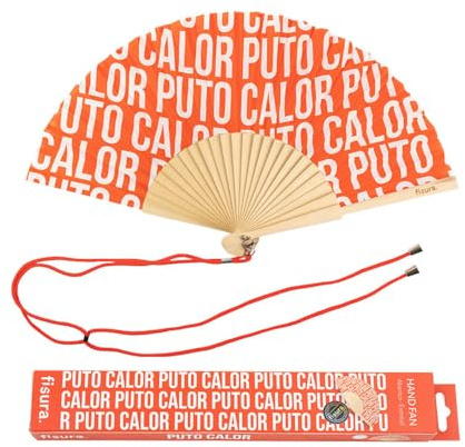 Fisura – Origineller Handfächer mit der Botschaft P*to calor. Moderner und lustiger Holzfächer. Roter Fächer mit Muster. Fächer mit Fächerhalter. Maße: 42,5 x 23 cm