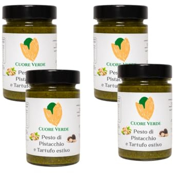 Cuore Verde Pesto de pistachos y trufa de verano - Ideal para pasta, pizza, sabrosas bruschetta o deliciosos segundos platos - SIN GLUTEN - Paquete de 4 unidades. desde 190gr. Caduno
